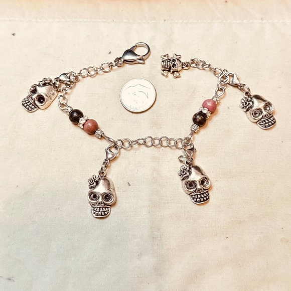 Stainless Steel Chain Link Bracelet Removable Skull Charms Round Rhodonite Beads - Picture 2 of 8